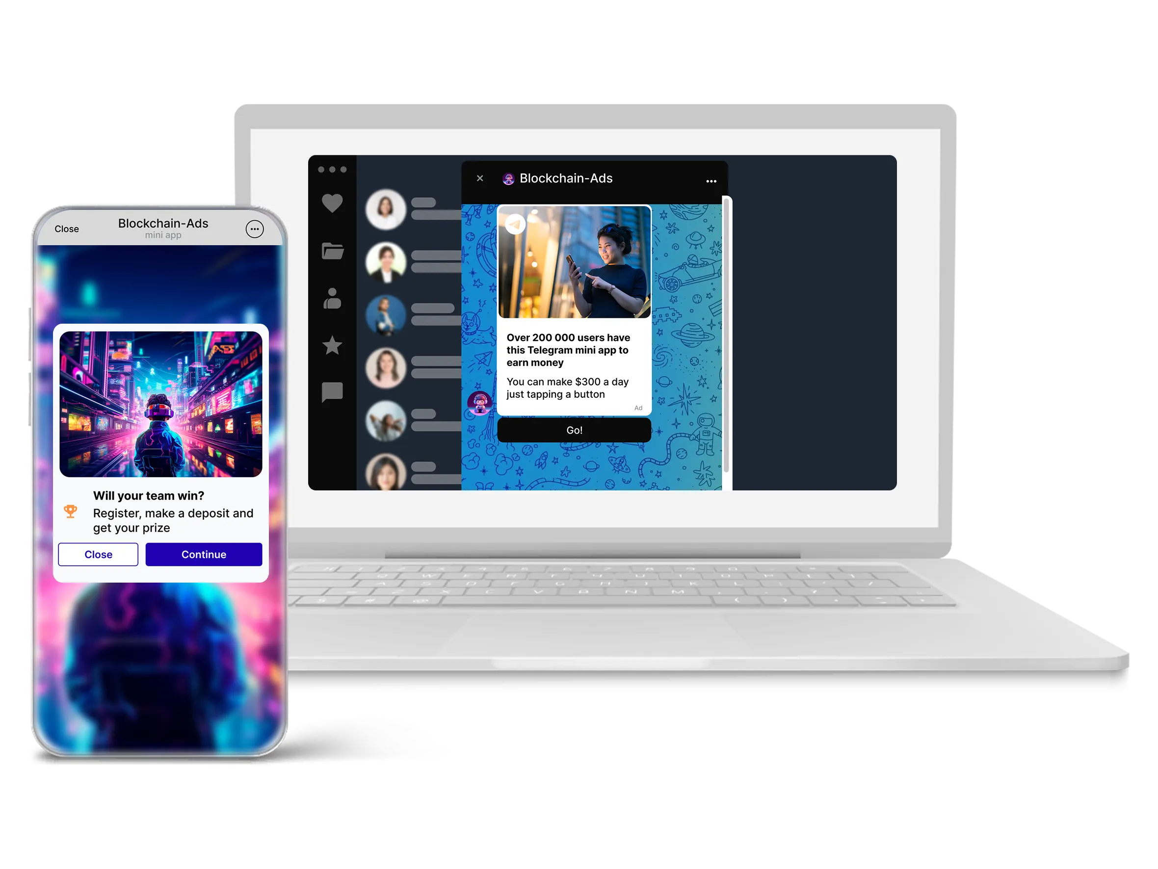 Telegram ads shown on a smartphone and laptop