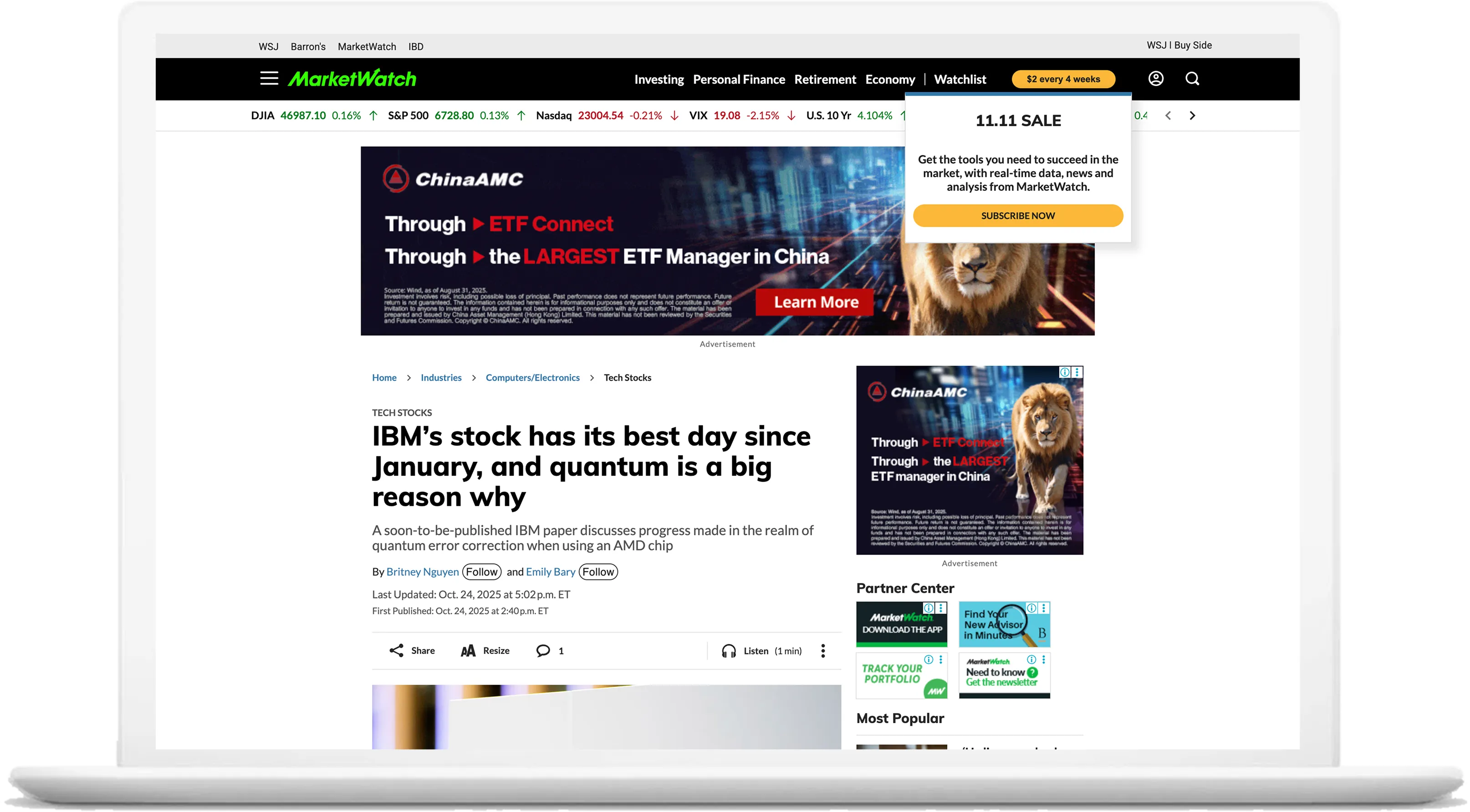 A financial news website shown on a laptop with native display ad placements
