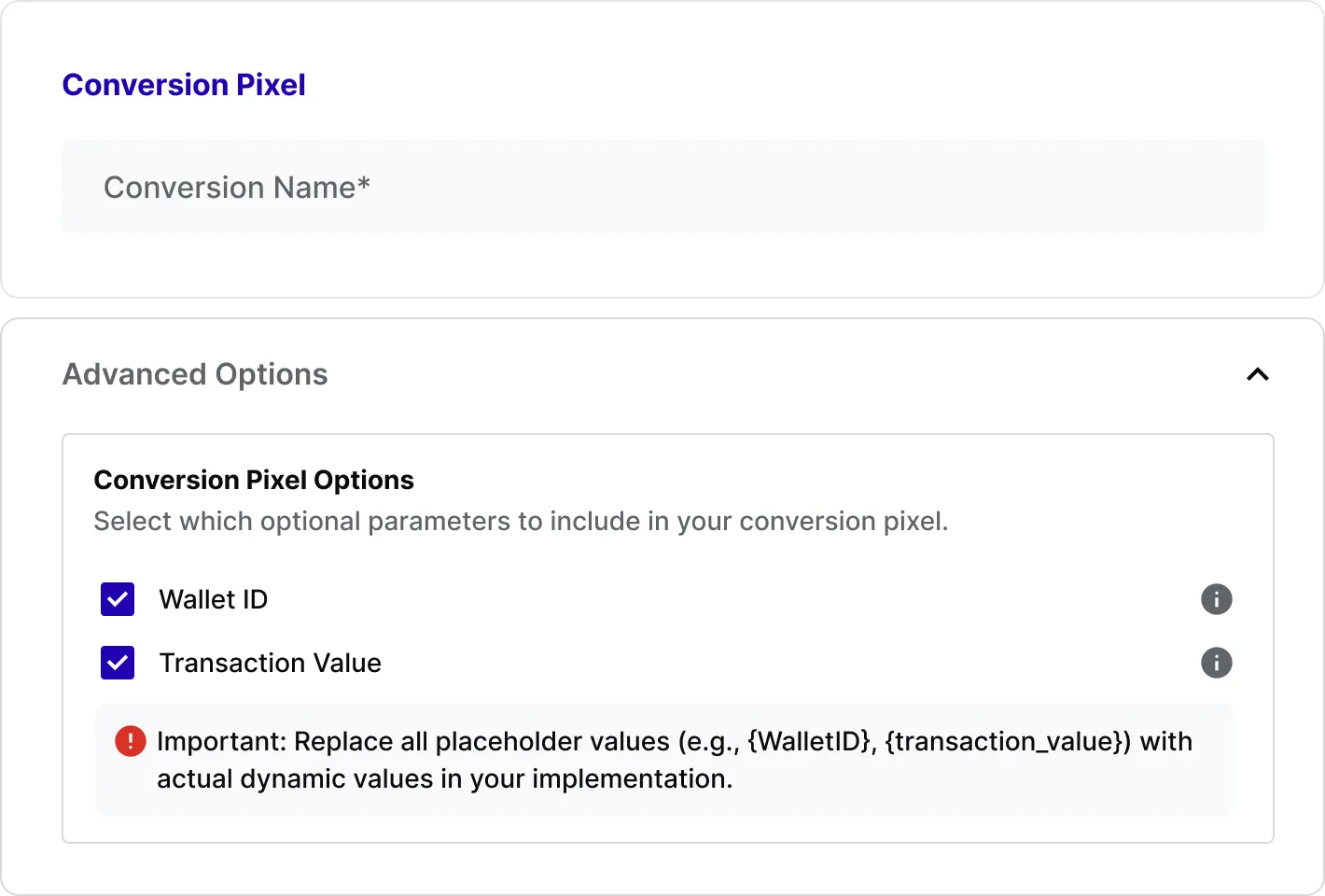 The TrafficSigma conversion pixel optimization options panel