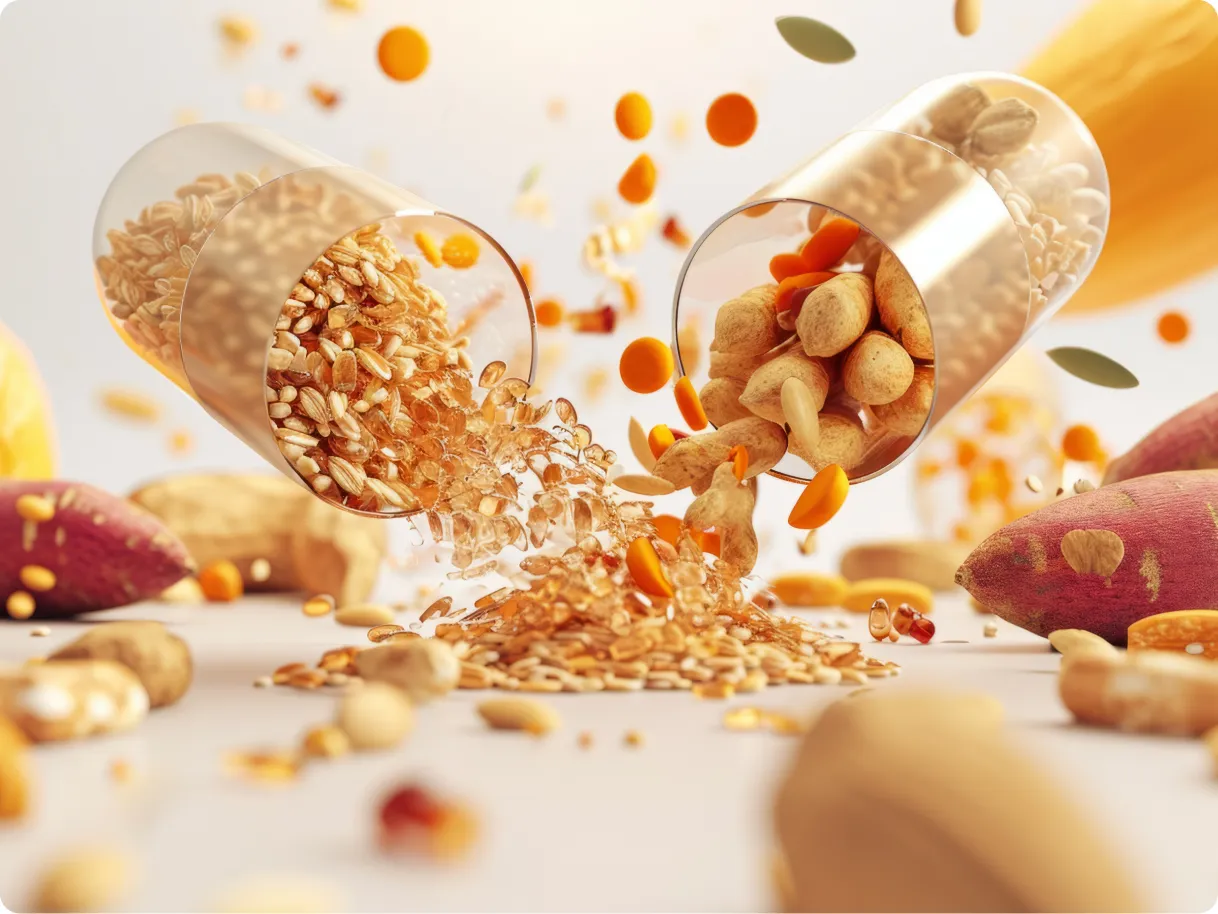 Dietary supplements and vitamins spilling out of a jar