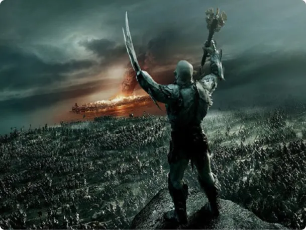 A fantasy warrior artwork raising twin blades over a battlefield, found via search engine image results