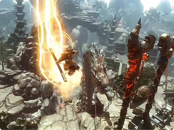 A fantasy game character wielding a fiery blade, screened from a promo video