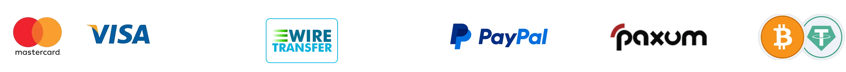 Логотипы Mastercard, Visa, банковского перевода, PayPal, Paxum и криптоплатежей