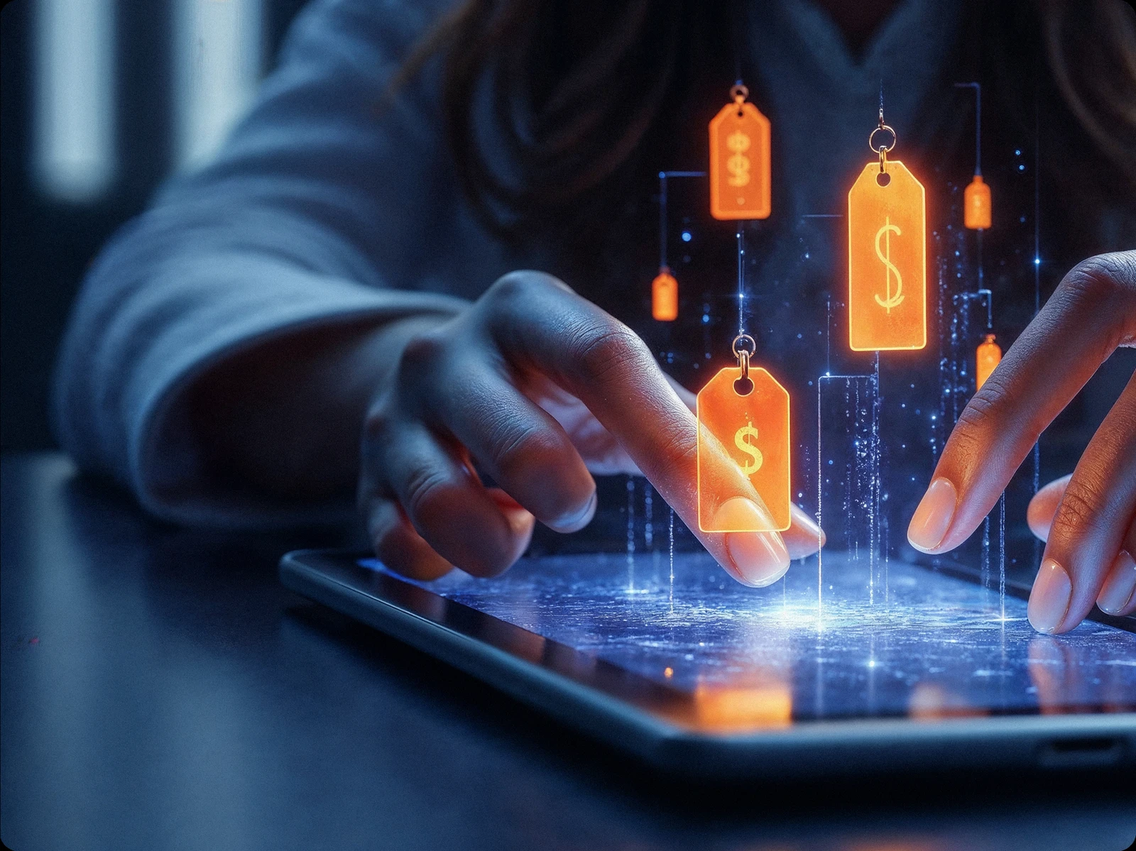 Hand selecting glowing price tags above a tablet