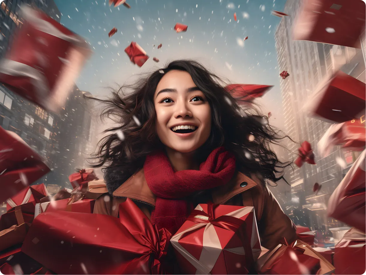 A happy winner surrounded by red gift boxes falling like confetti