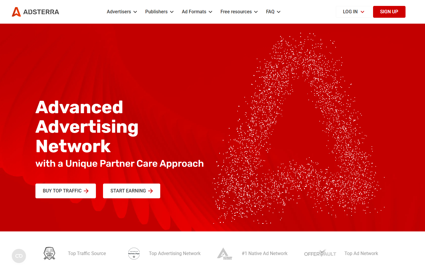 Adsterra homepage showing its advertising network and SSP positioning