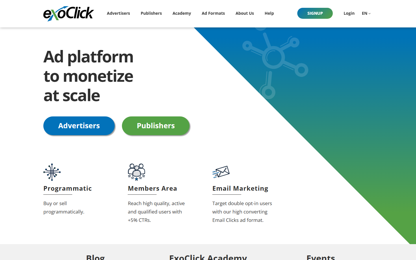 ExoClick homepage showing its ad platform positioning for advertisers and publishers