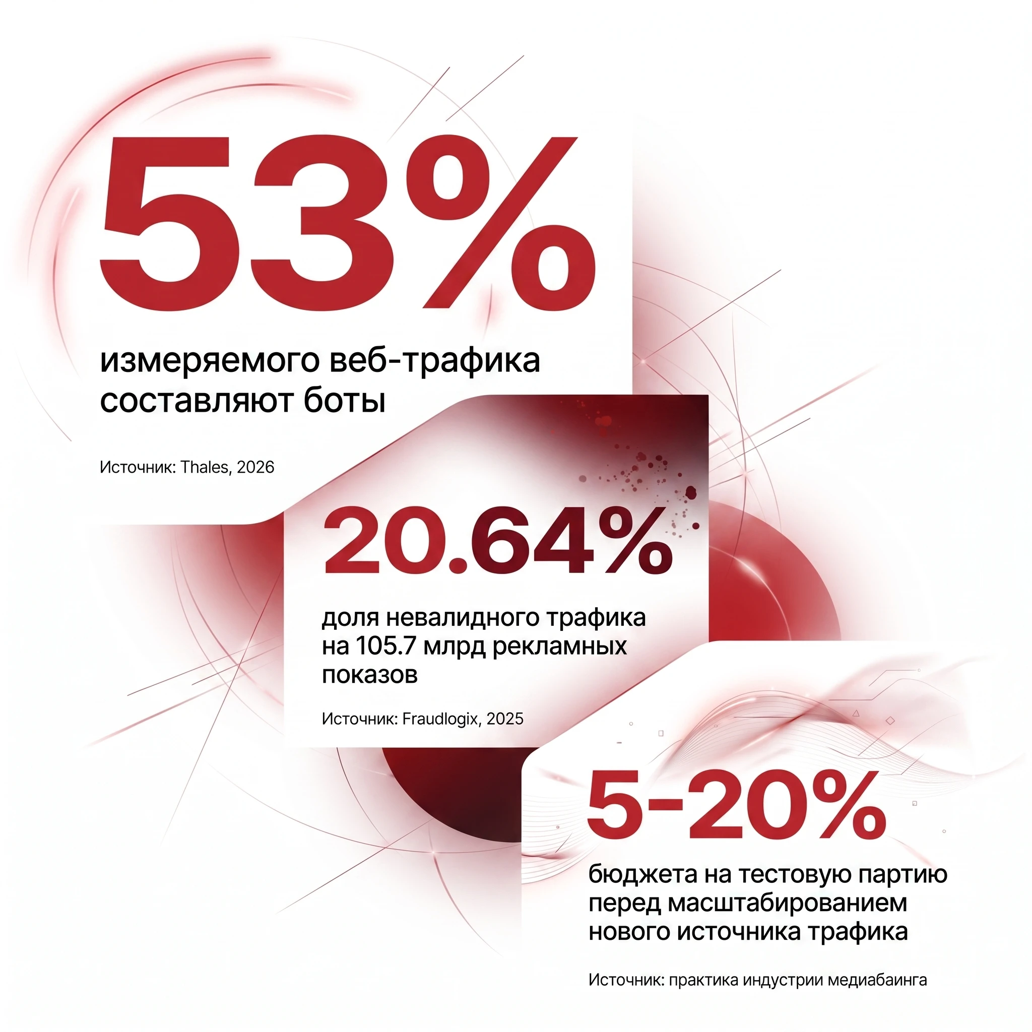 Карточка с ключевой статистикой: 53% измеряемого веб-трафика составляют боты, доля невалидного трафика - 20.64% на 105.7 млрд рекламных показов, а на тестовую партию перед масштабированием нового источника трафика рекомендуется выделять 5-20% бюджета