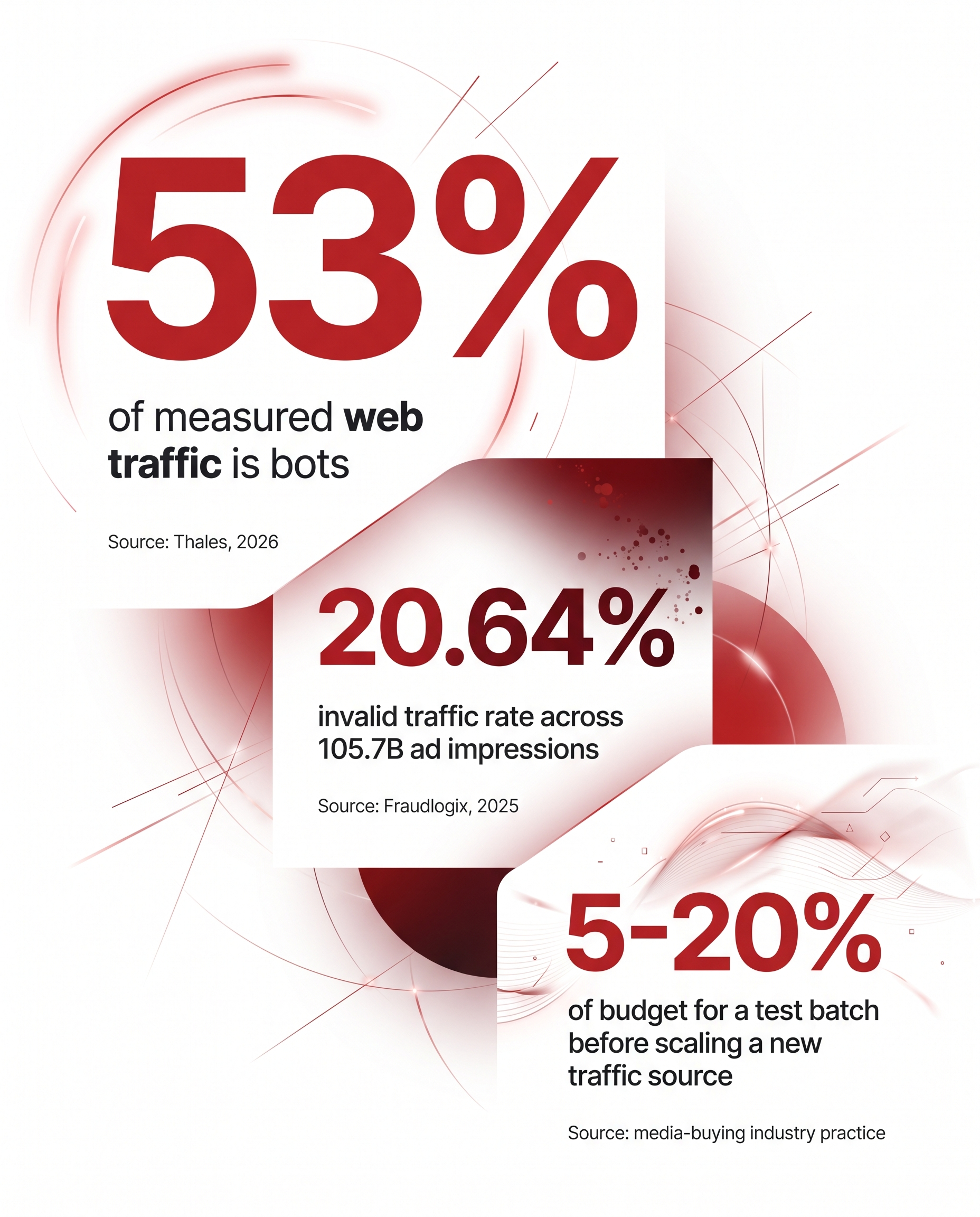 Key stat card: 53% of measured web traffic is bots, 20.64% invalid traffic rate across 105.7B ad impressions, and 5-20% of budget recommended for a test batch before scaling a new traffic source