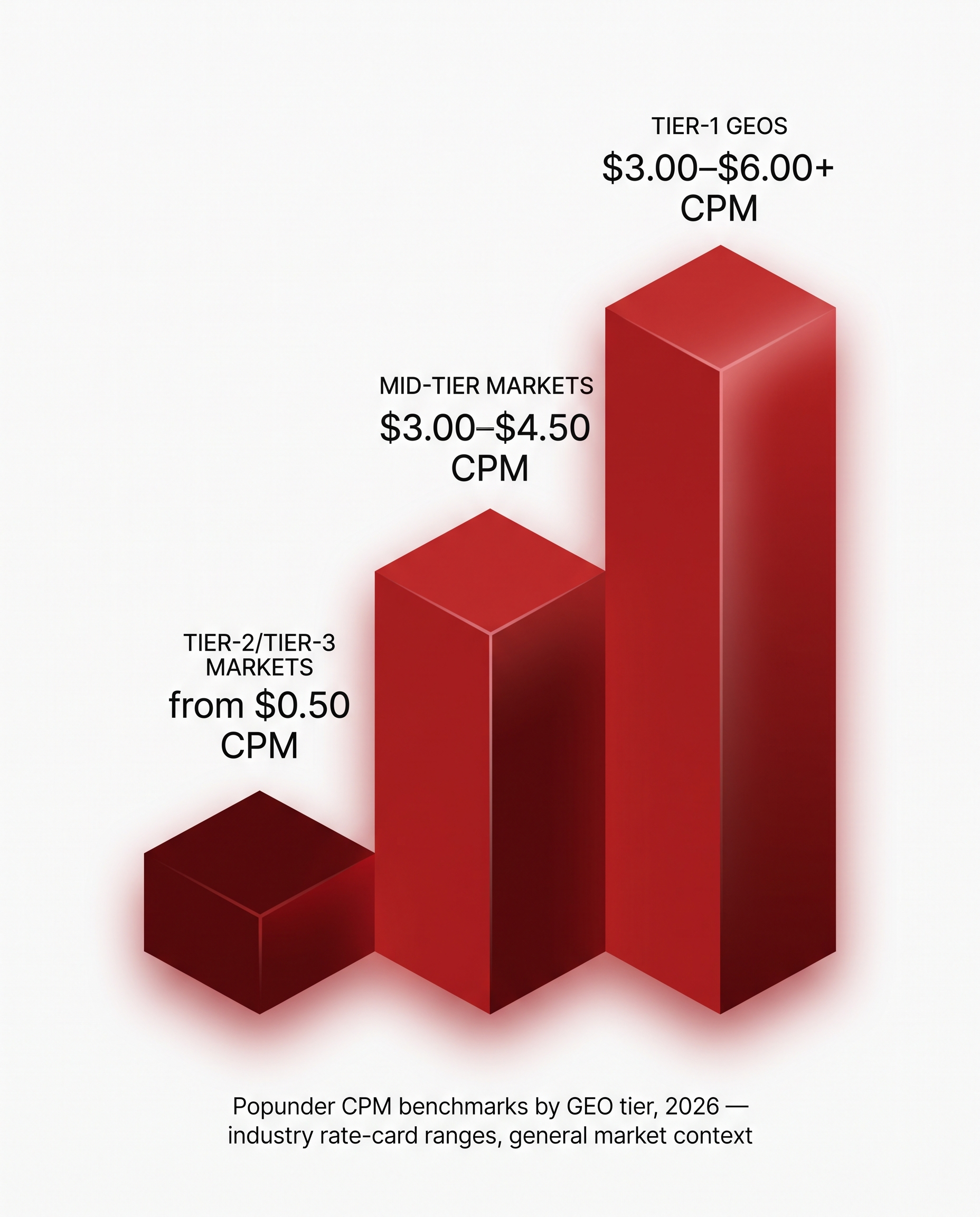 Chart of popunder CPM benchmarks by GEO tier in 2026 - Tier-1 GEOs $3.00 to $6.00+ CPM, mid-tier markets $3.00 to $4.50 CPM, Tier-2/Tier-3 markets from $0.50 CPM
